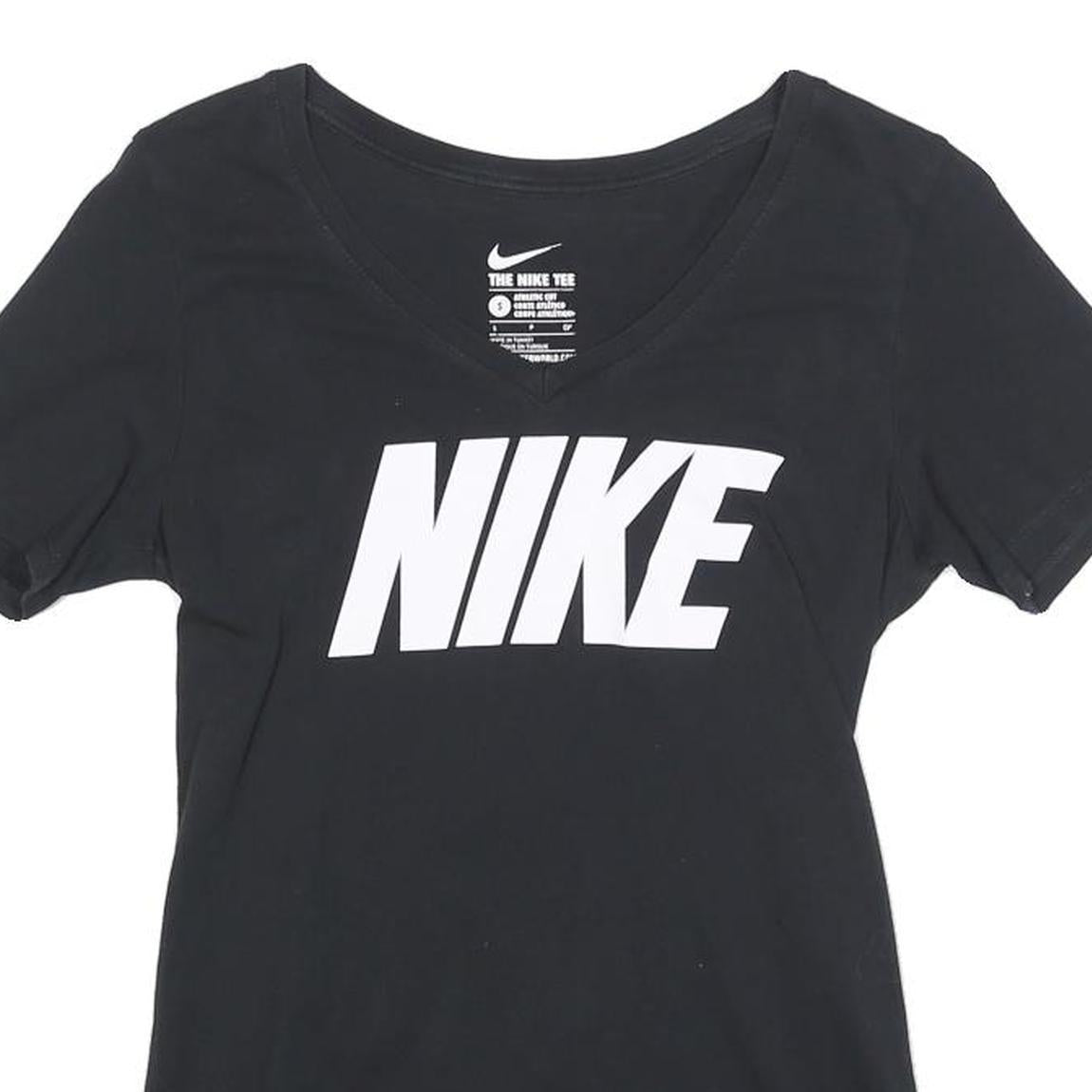 NIKE Womens Black & White Graphic T-Shirt S Short Sleeve V-Neck Logo Print