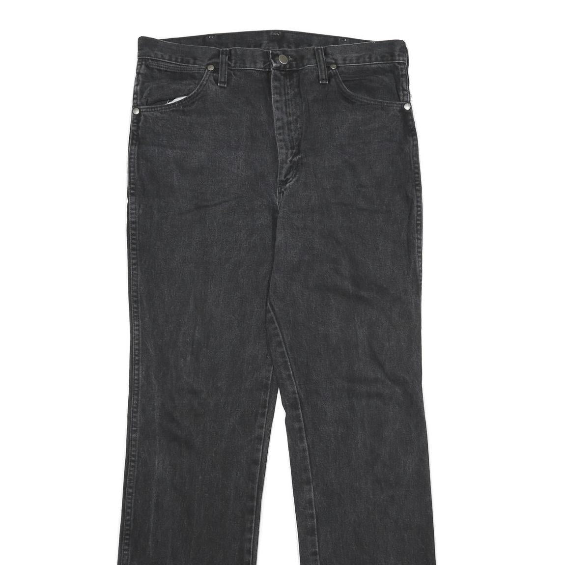 WRANGLER Mens Black Regular Straight Denim W34 L34 Cotton Zip Jeans Raw Hem