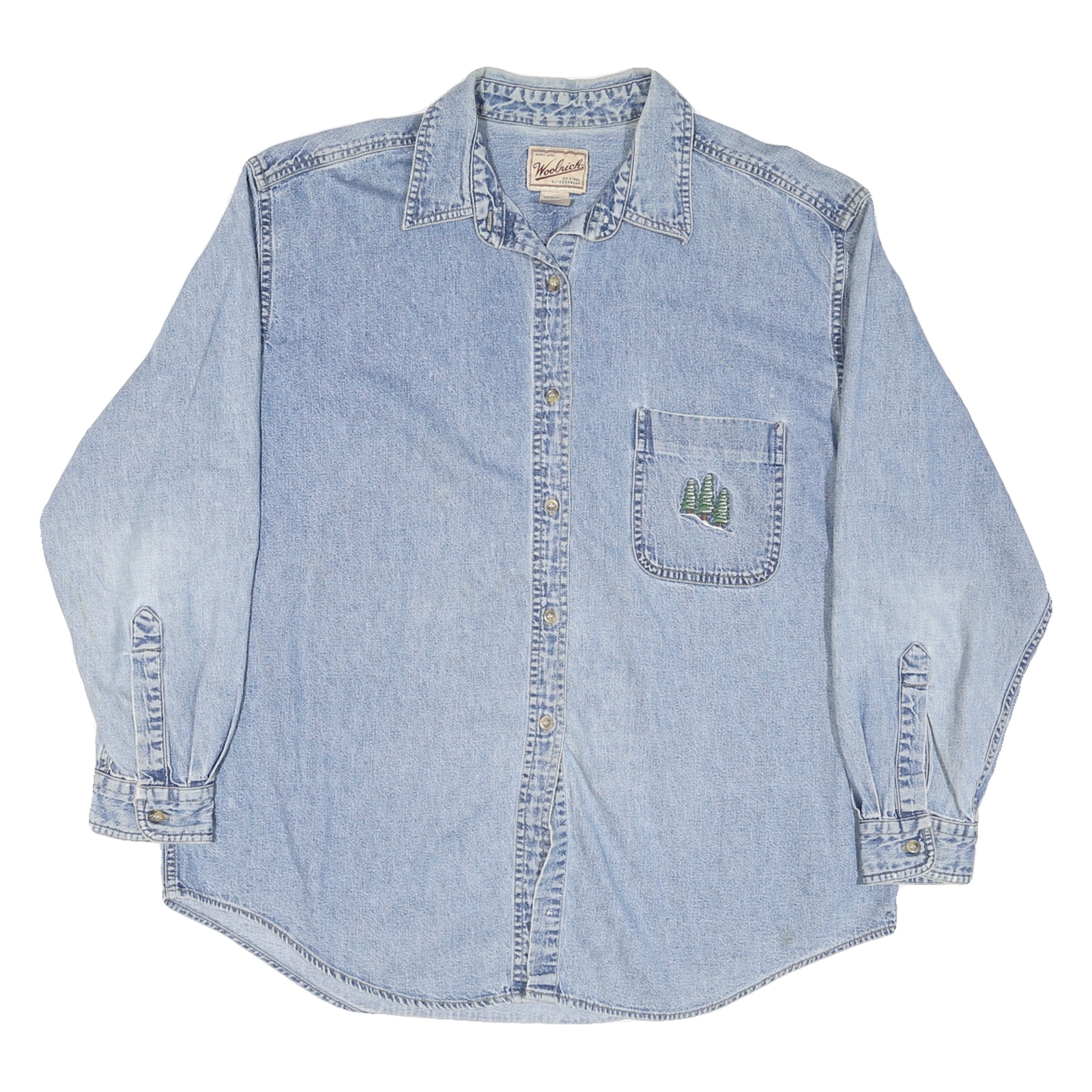 WOOLRICH Womens Blue Denim Shirt L Embroidered Trees Casual Button Down