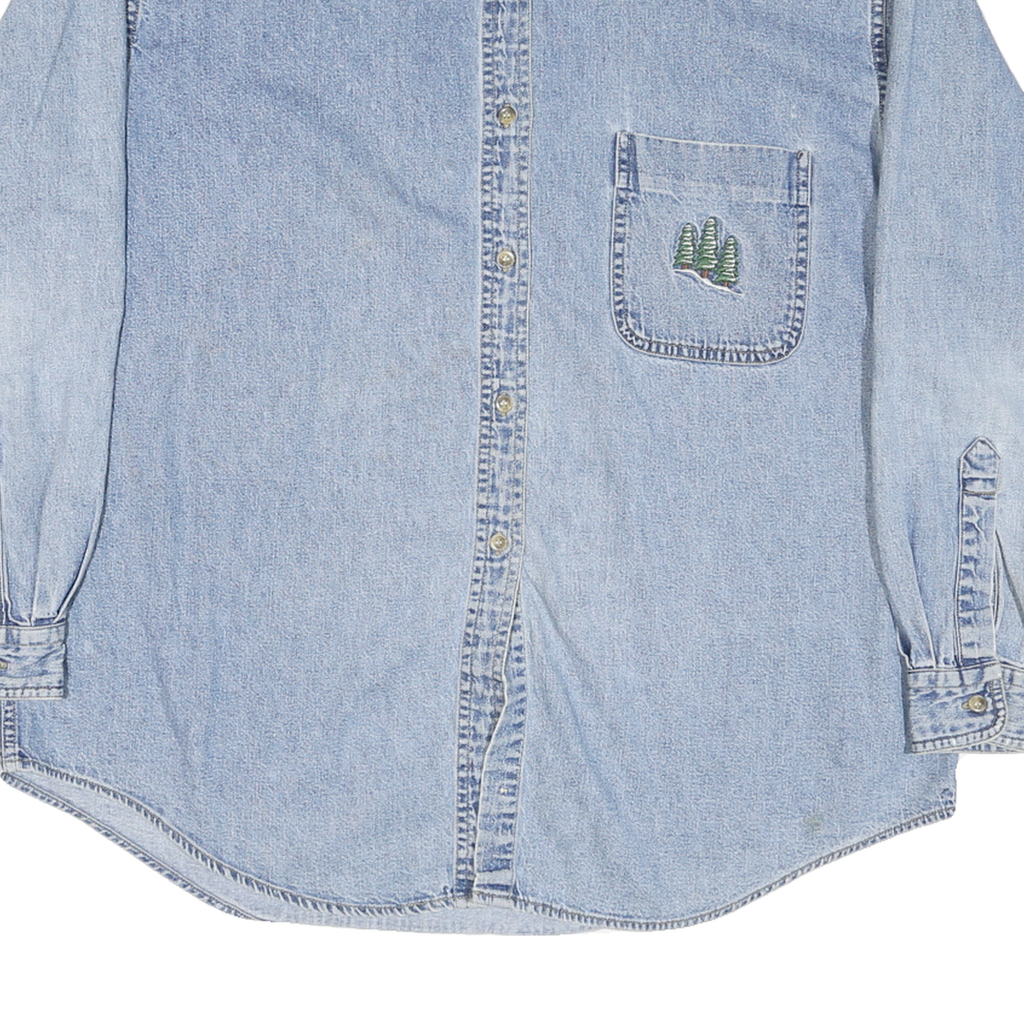 WOOLRICH Womens Blue Denim Shirt L Embroidered Trees Casual Button Down