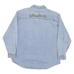WOOLRICH Womens Blue Denim Shirt L Embroidered Trees Casual Button Down