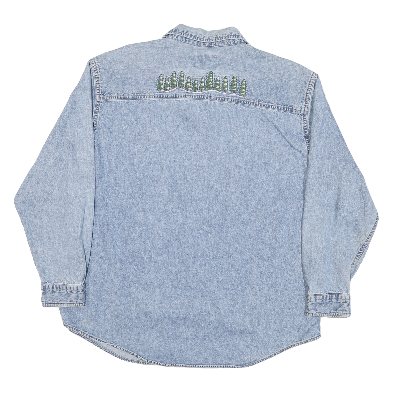 WOOLRICH Womens Blue Denim Shirt L Embroidered Trees Casual Button Down