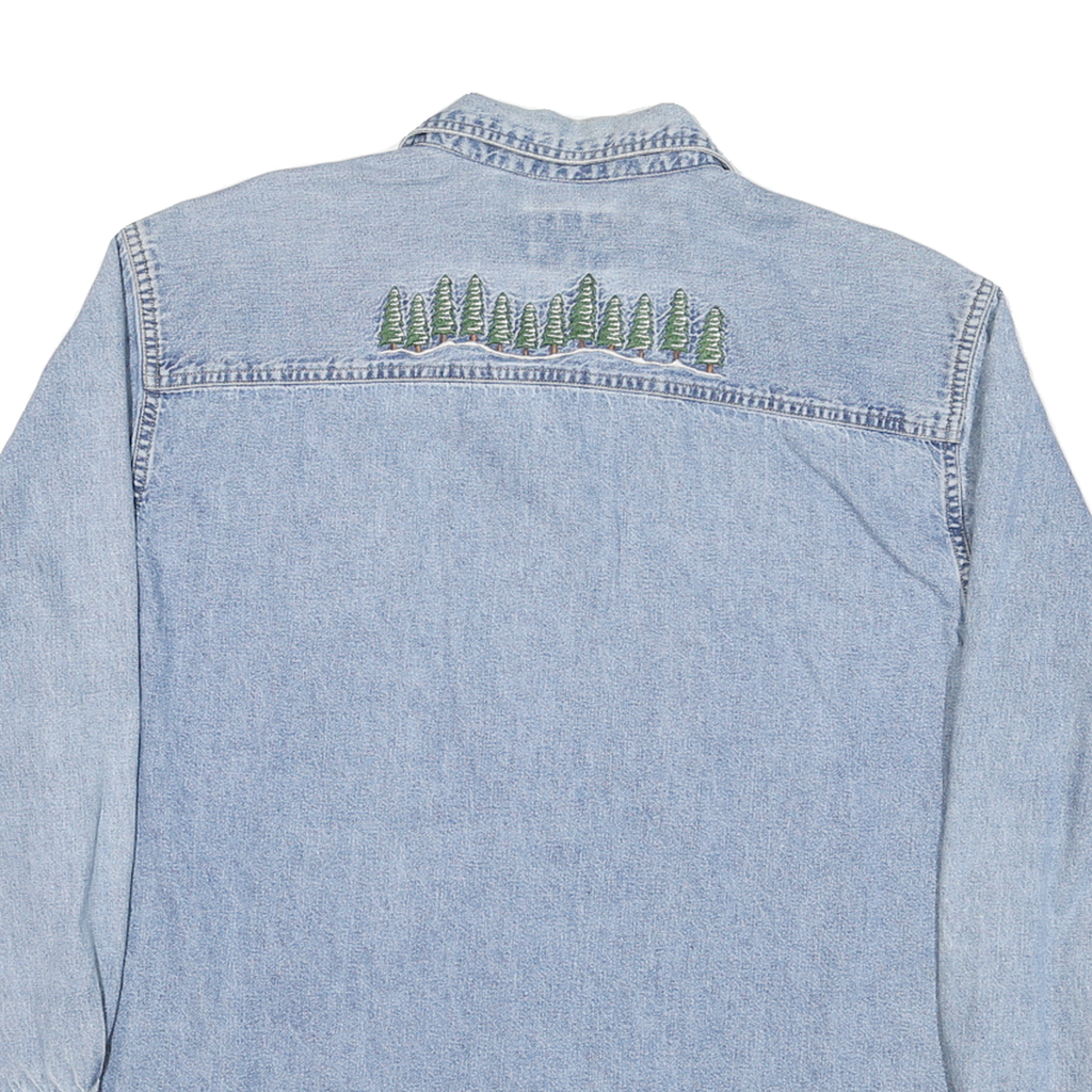 WOOLRICH Womens Blue Denim Shirt L Embroidered Trees Casual Button Down