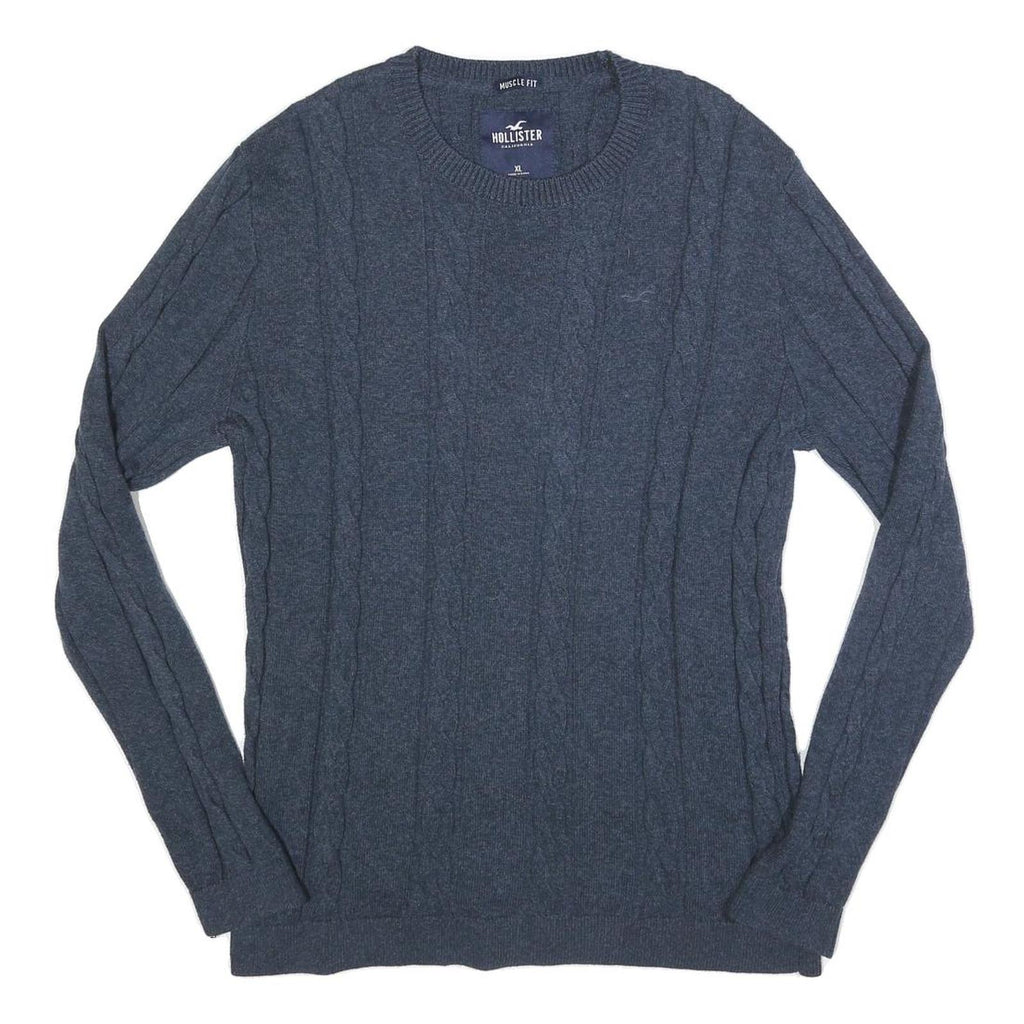 HOLLISTER Mens Blue Plain Crew Neck Cable Knit Jumper XL Cotton Blend Casual