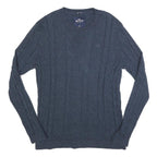 HOLLISTER Mens Blue Plain Crew Neck Cable Knit Jumper XL Cotton Blend Casual