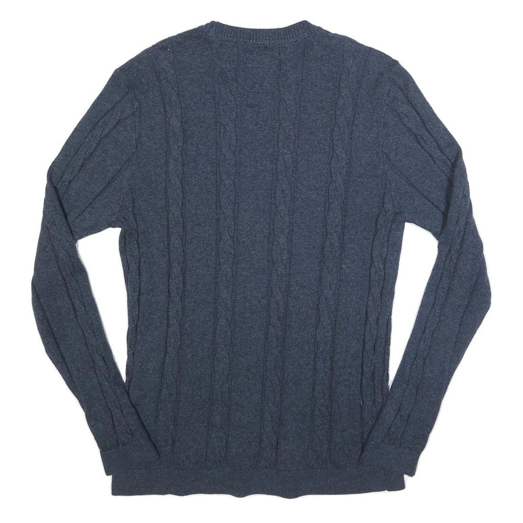 HOLLISTER Mens Blue Plain Crew Neck Cable Knit Jumper XL Cotton Blend Casual
