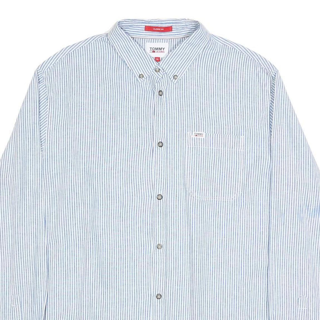 TOMMY JEANS Mens Blue & White Striped Shirt XL Classic Fit Button Down Collar