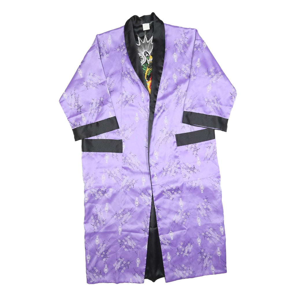 Womens Purple Satin Floral Pattern Open Front Jacket L Evening Kimono Style