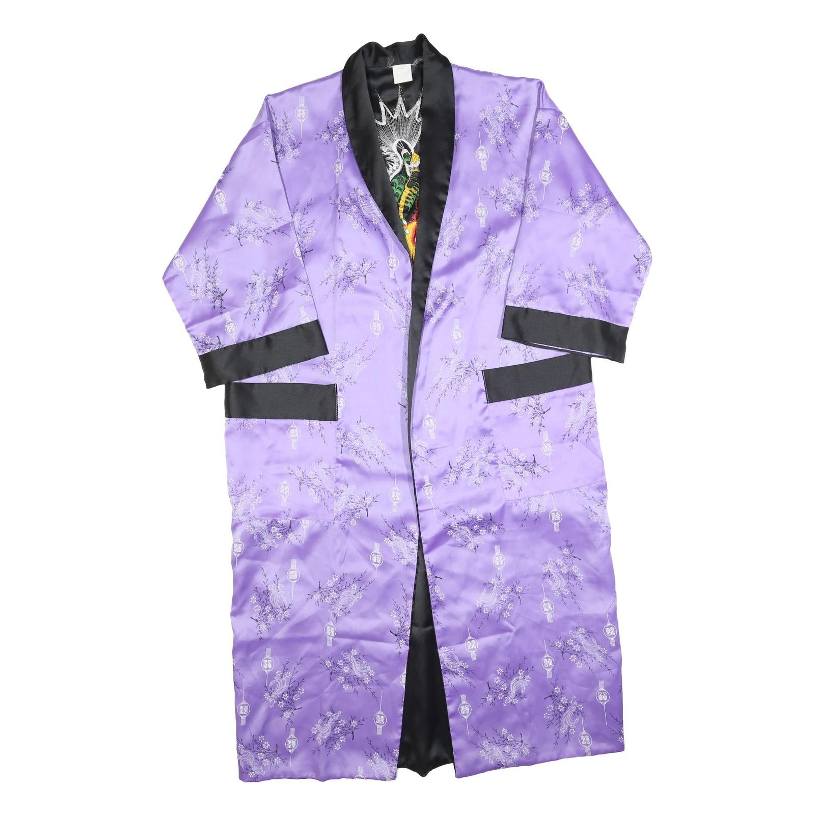 Womens Purple Satin Floral Pattern Open Front Jacket L Evening Kimono Style