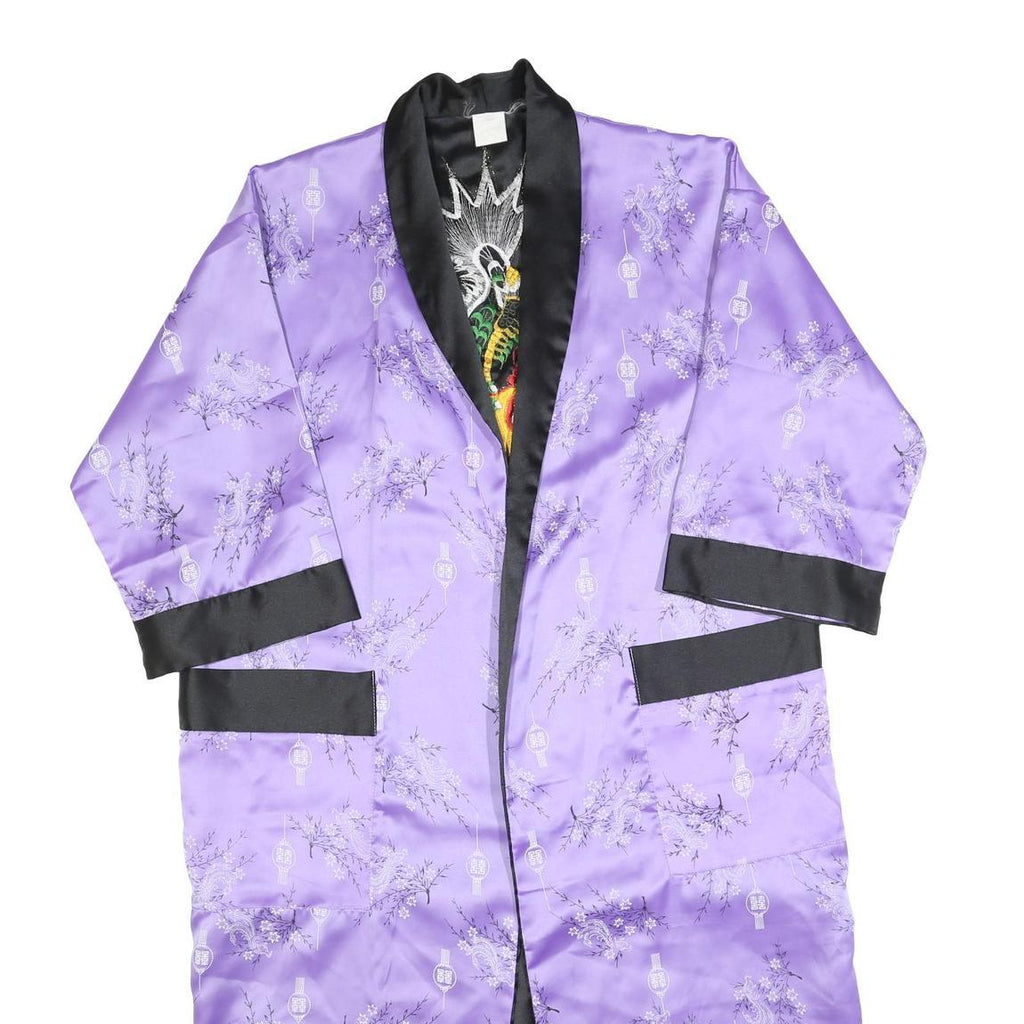 Womens Purple Satin Floral Pattern Open Front Jacket L Evening Kimono Style