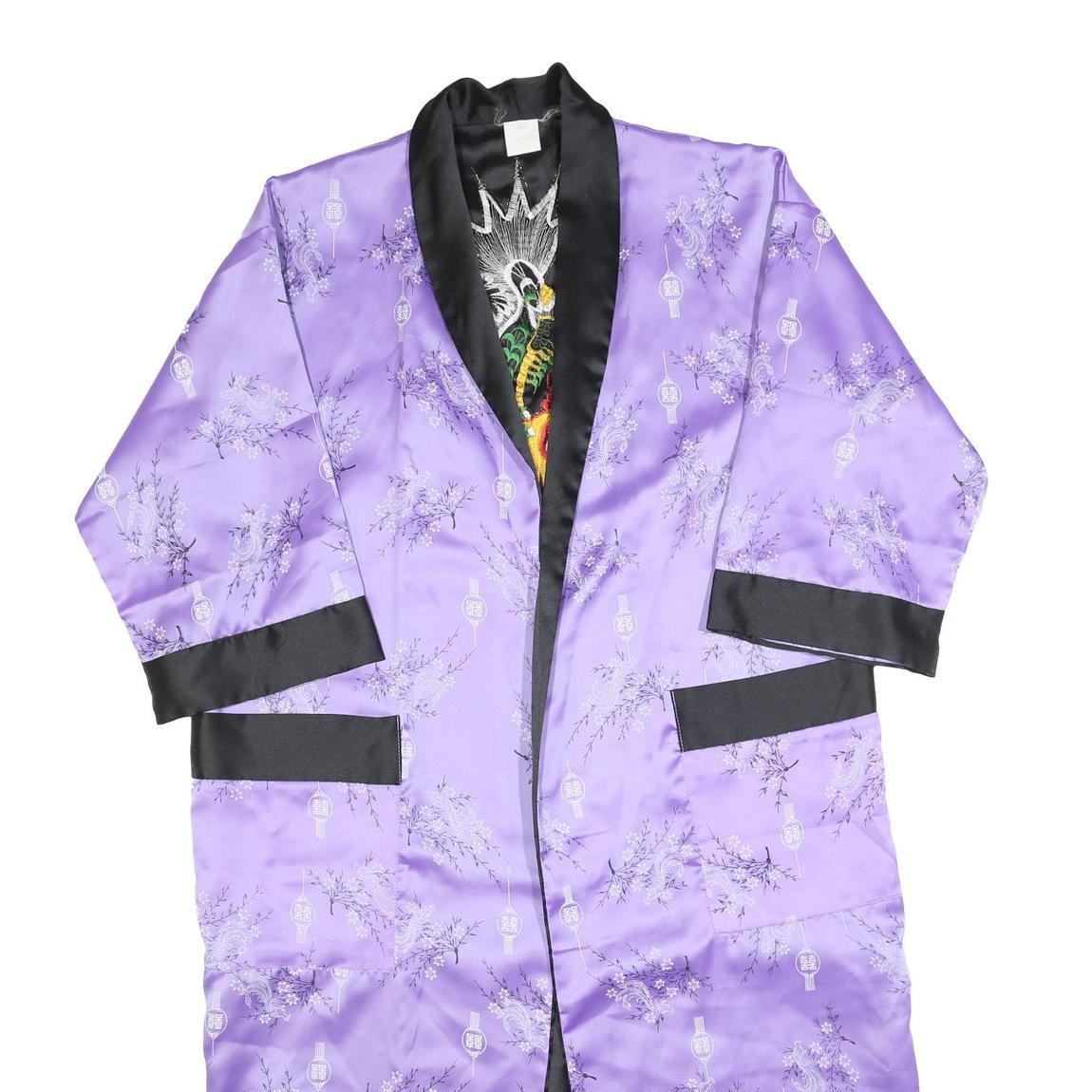 Womens Purple Satin Floral Pattern Open Front Jacket L Evening Kimono Style