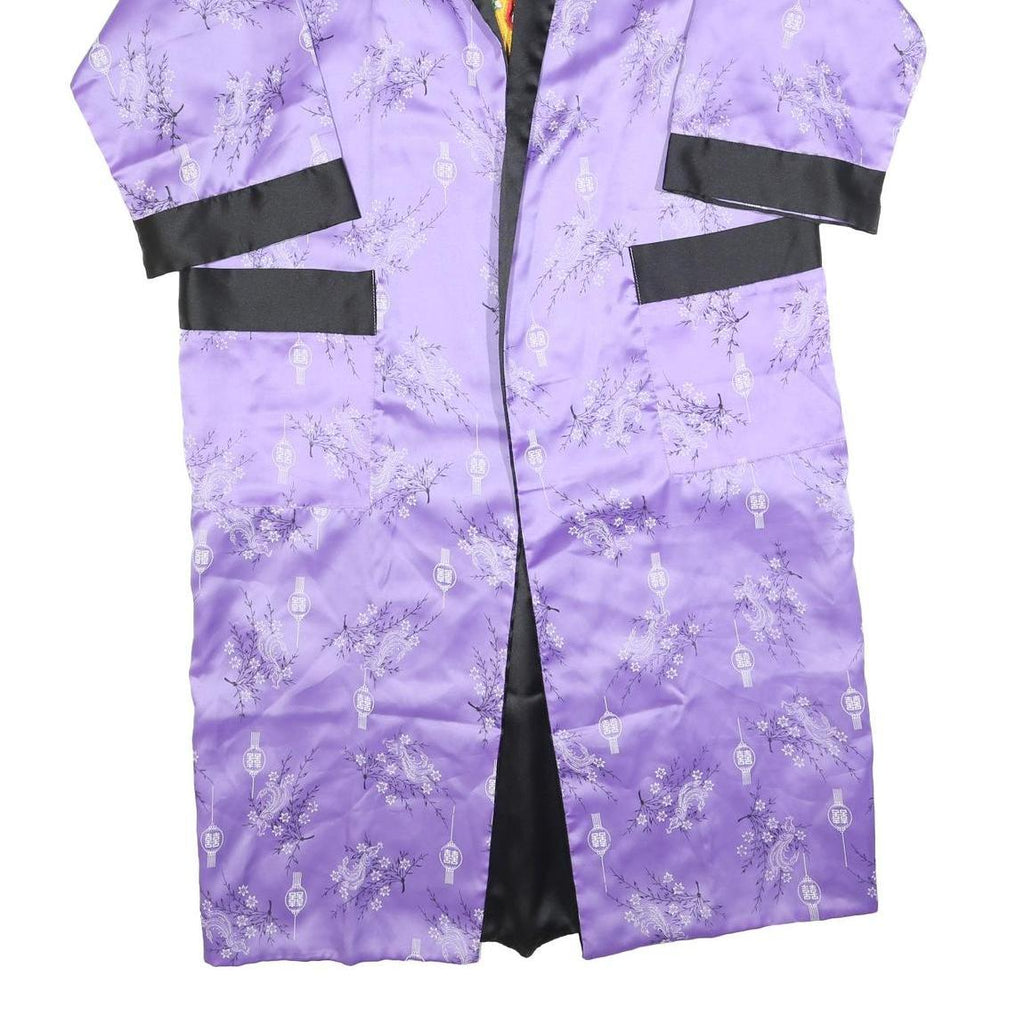 Womens Purple Satin Floral Pattern Open Front Jacket L Evening Kimono Style