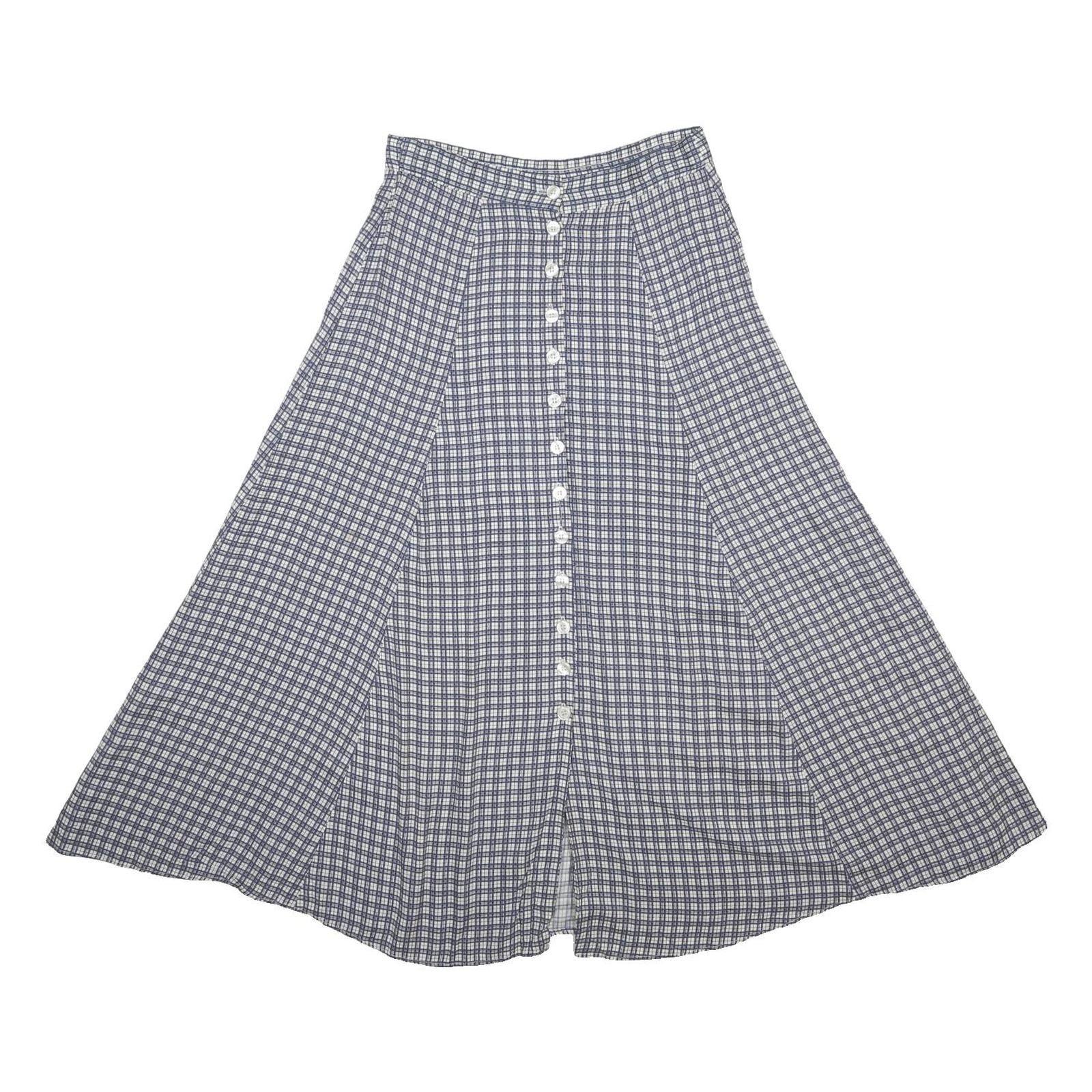 MODA INTL Womens Blue White Check A-Line Knee Length Rayon Skirt S Button Fasten