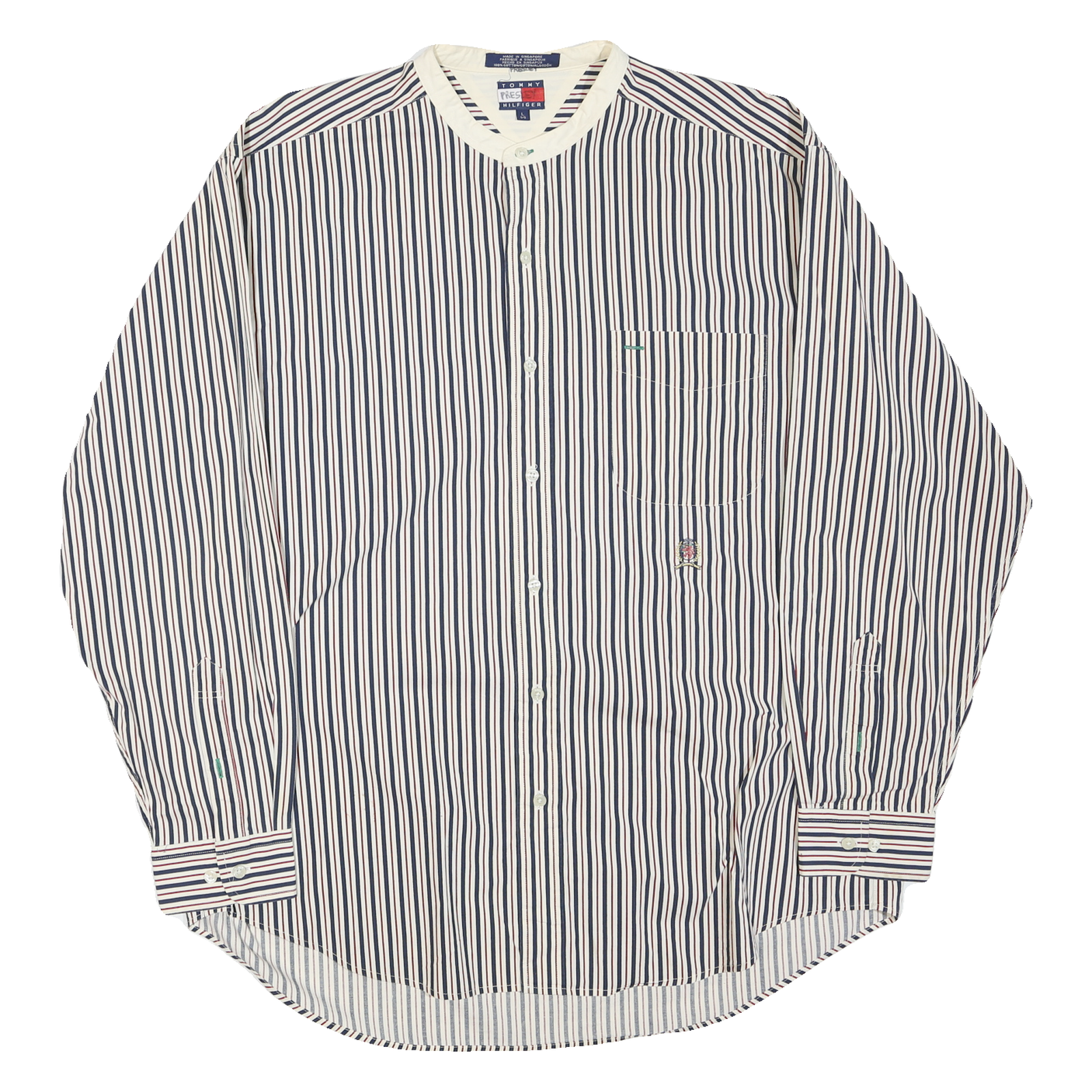 TOMMY HILFIGER Mens White & Navy Striped Cotton Blend Shirt M Button Collar Long