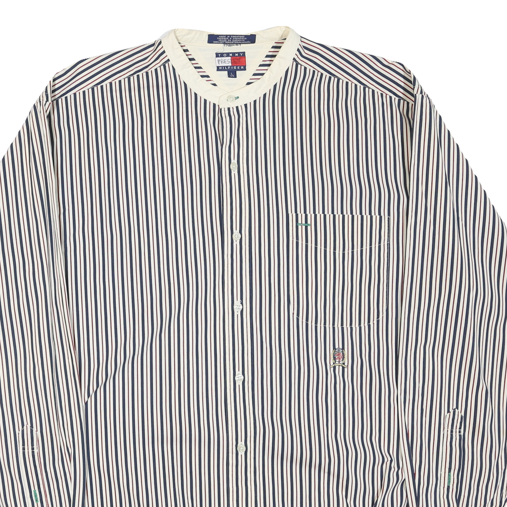 TOMMY HILFIGER Mens White & Navy Striped Cotton Blend Shirt M Button Collar Long