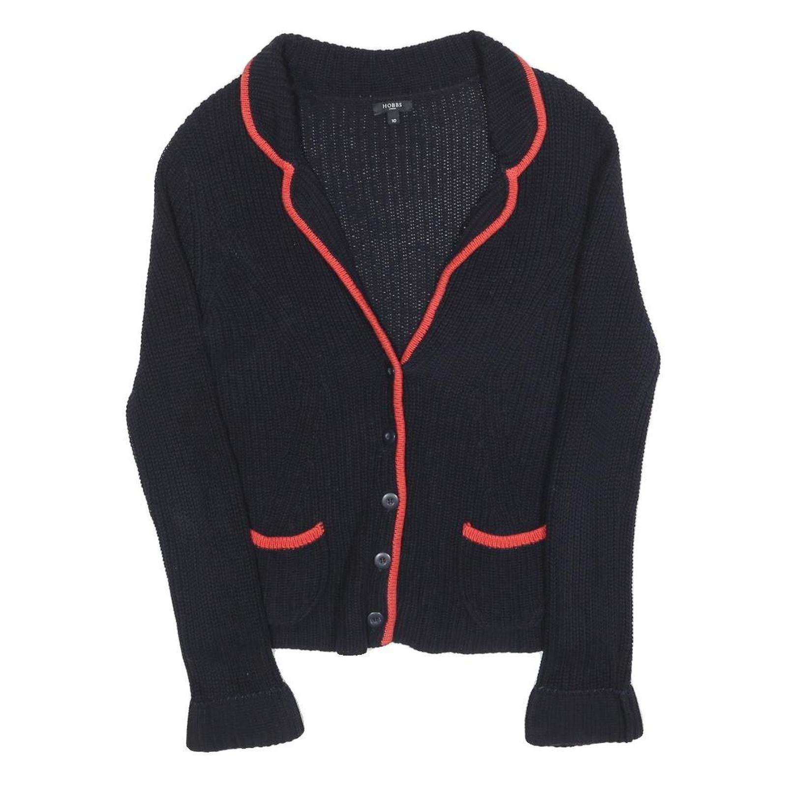 HOBBS LONDON Womens Black & Red Patterned V-Neck Chunky Knit Jumper UK 10 Cotton