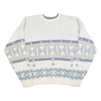 TT & CO Mens White Blue Patterned Cotton Crew Neck Jumper XL Stylish Comfort