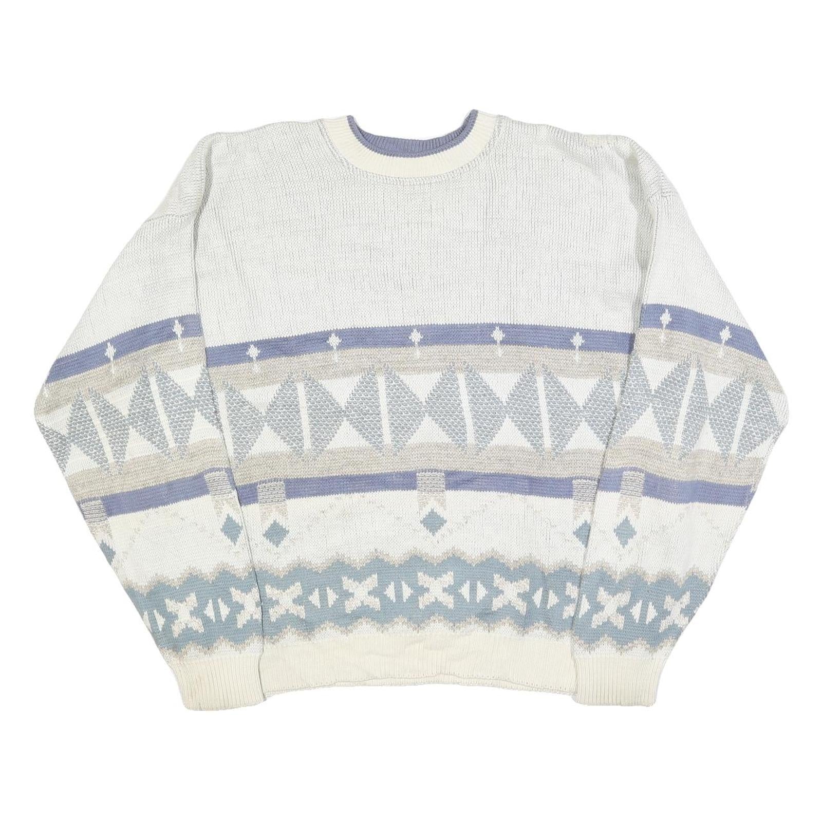 TT & CO Mens White Blue Patterned Cotton Crew Neck Jumper XL Stylish Comfort