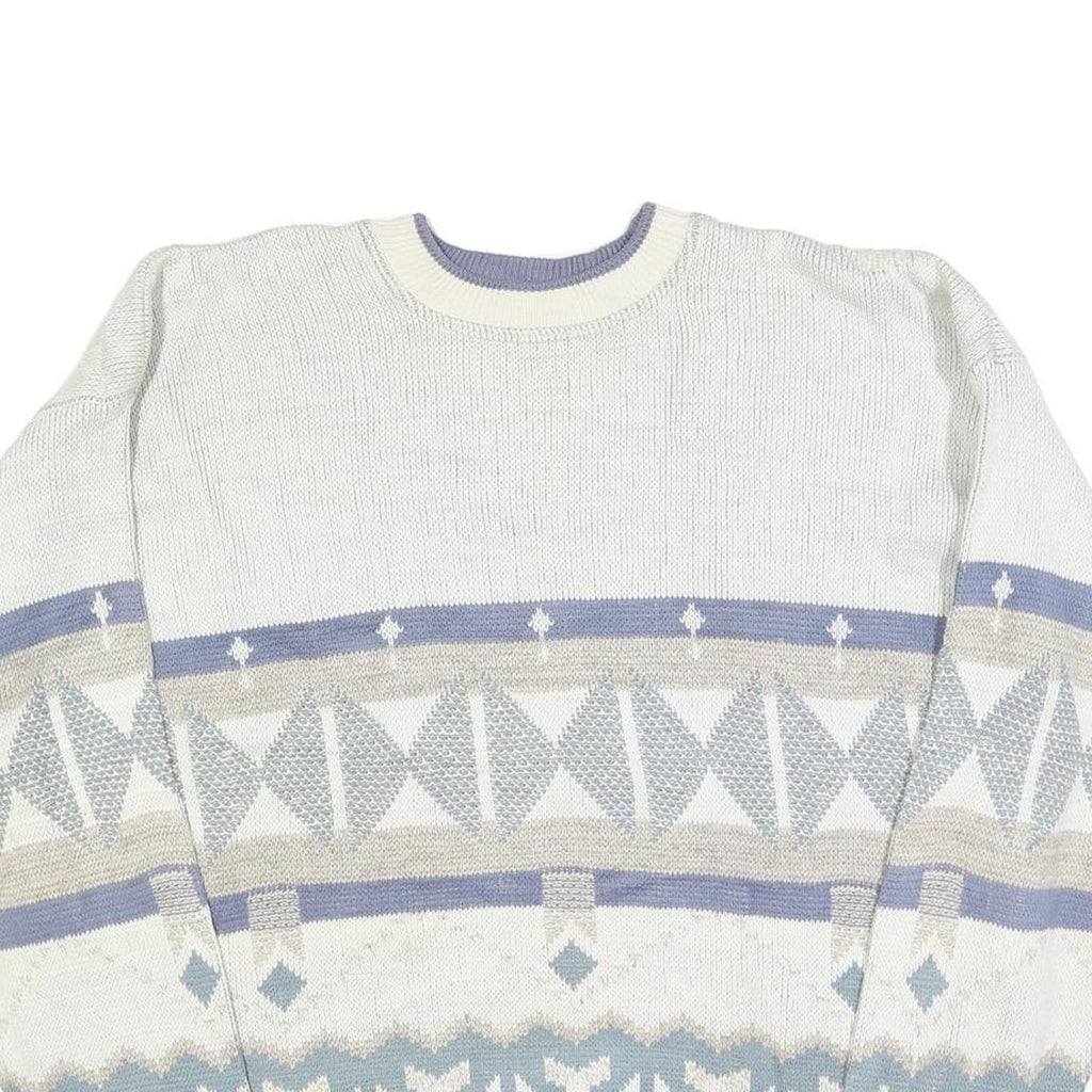 TT & CO Mens White Blue Patterned Cotton Crew Neck Jumper XL Stylish Comfort