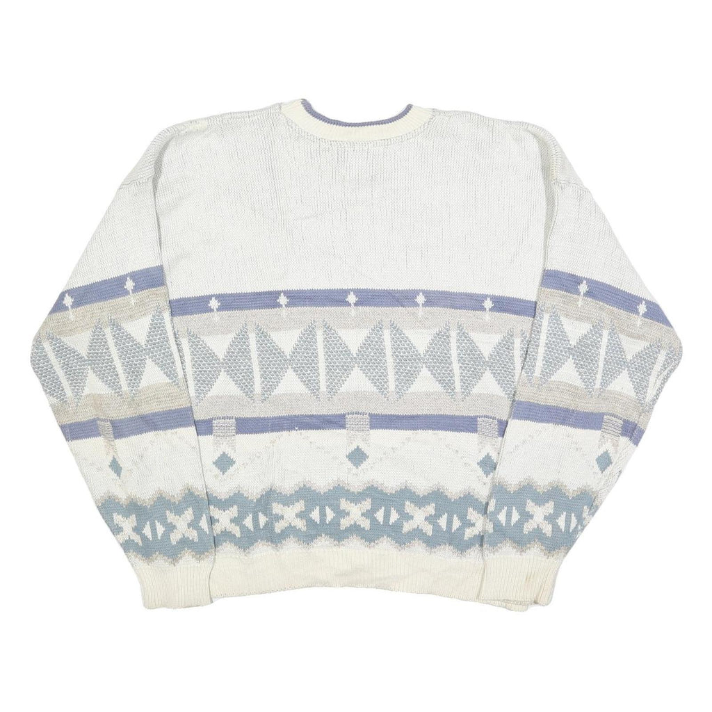 TT & CO Mens White Blue Patterned Cotton Crew Neck Jumper XL Stylish Comfort