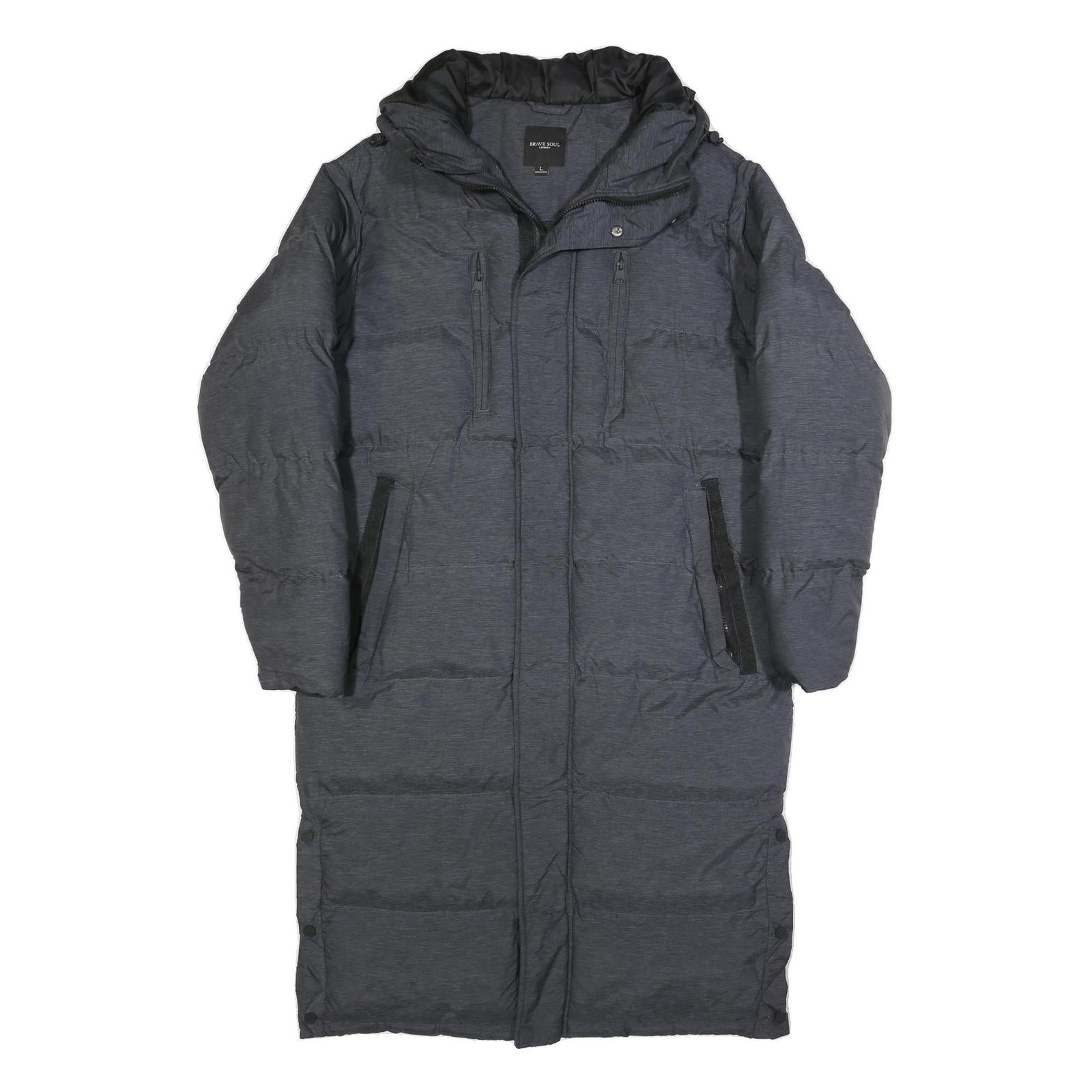 BRAVE SOUL Mens Grey Zip Up Longline Puffer Jacket L Polyester Hooded Winter