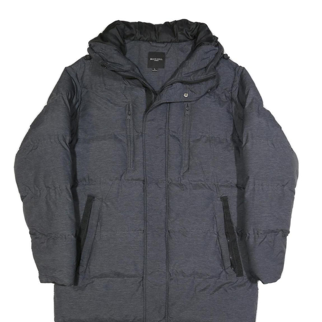 BRAVE SOUL Mens Grey Zip Up Longline Puffer Jacket L Polyester Hooded Winter
