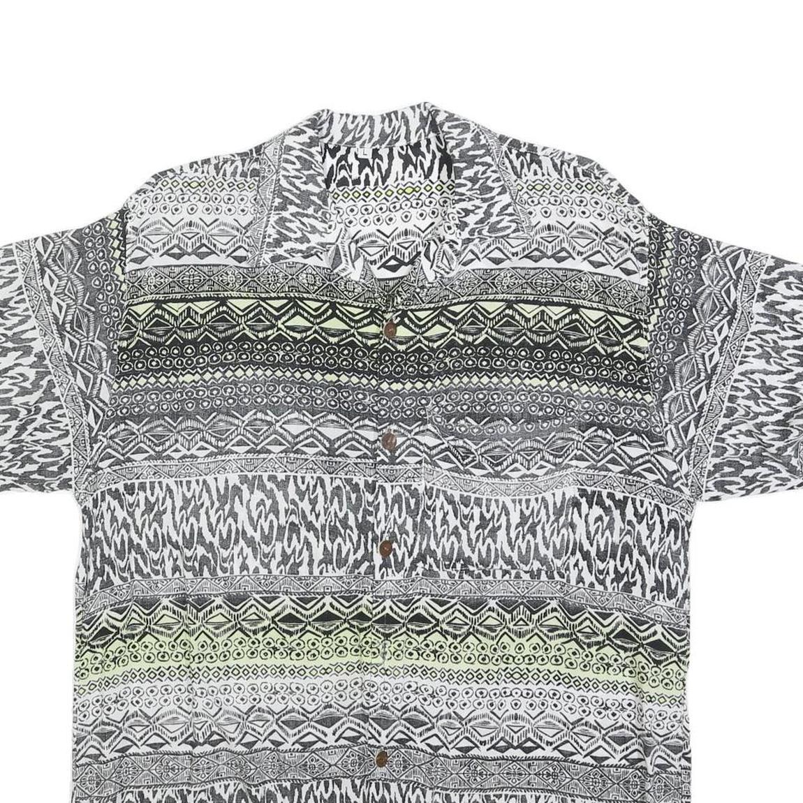 Mens Black & Cream Patterned Viscose Shirt L Short Sleeve Casual Button Up