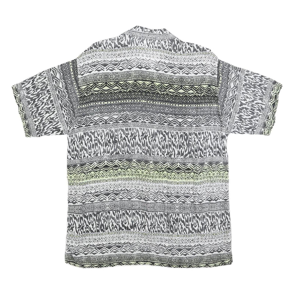 Mens Black & Cream Patterned Viscose Shirt L Short Sleeve Casual Button Up