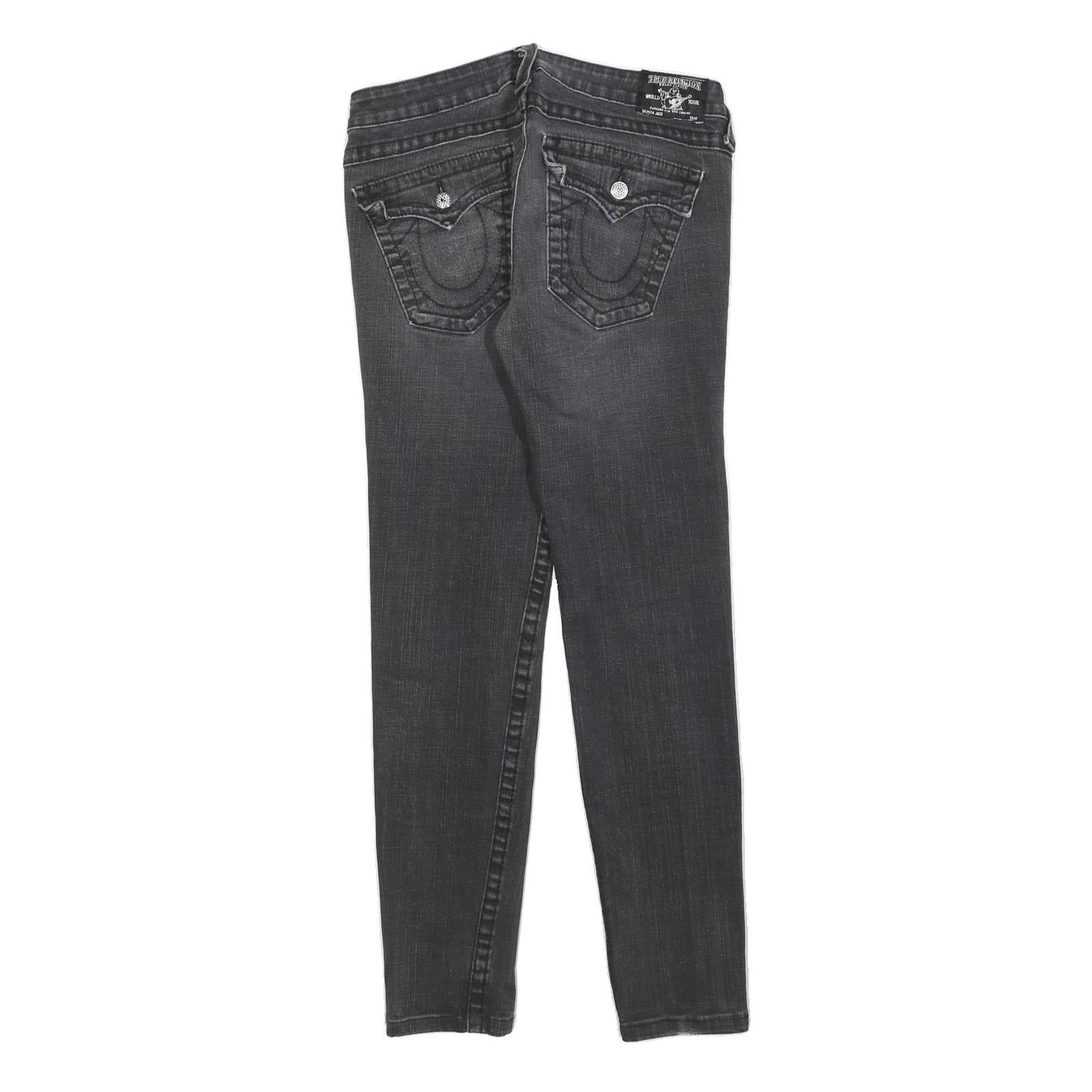 TRUE RELIGION Womens Slim Black Denim Jeans W31 L30 Roman Stitch Pocket Zip