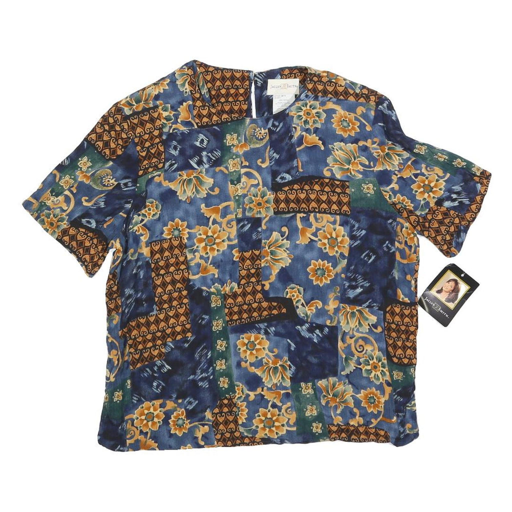 JACLYN SMITH Womens Blue Brown Floral Printed Short Sleeve Top S Cotton Blend