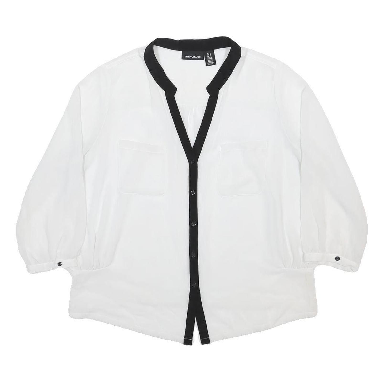 DKNY Womens White & Black Contrast Button Shirt Long Sleeve V-Neck XL Stylish