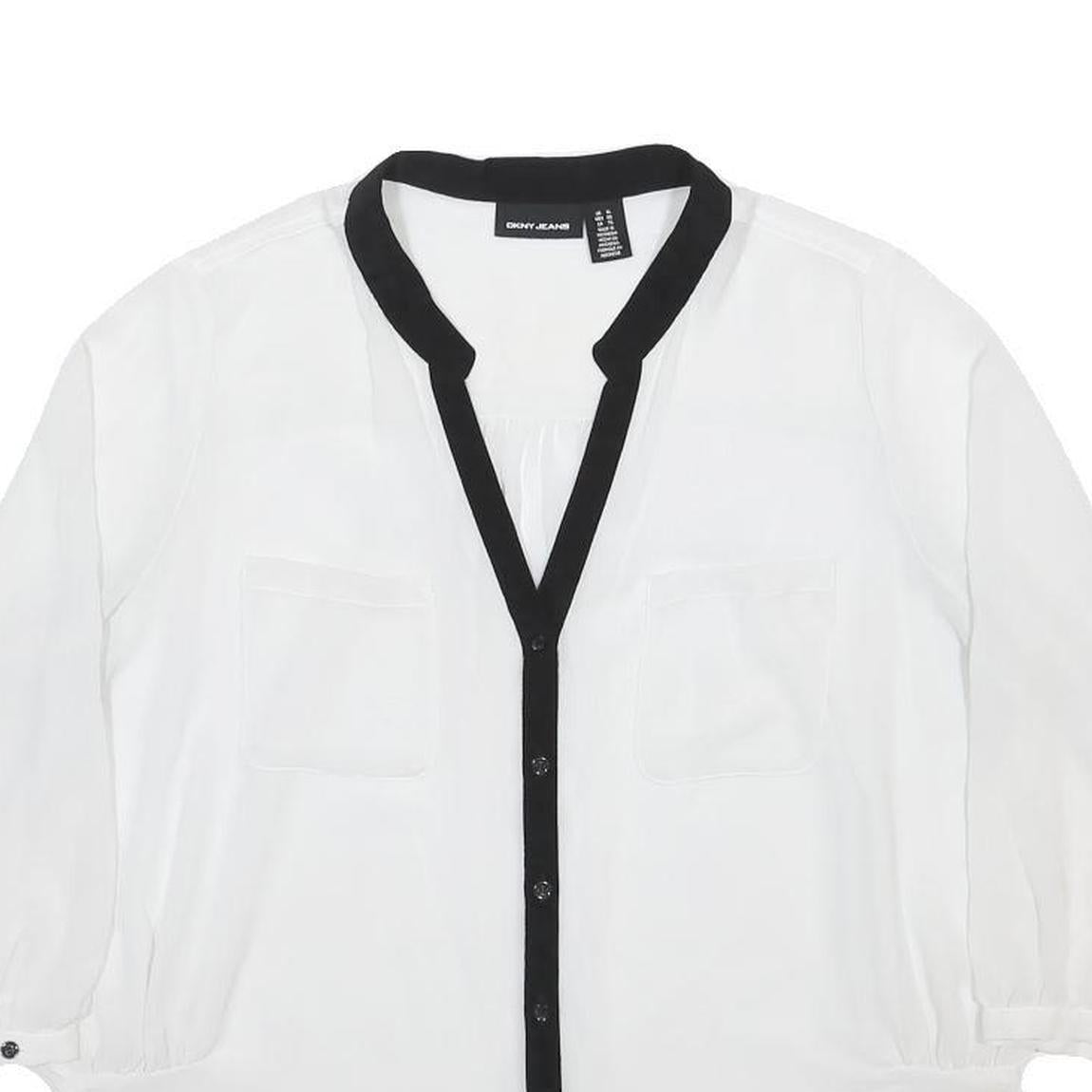 DKNY Womens White & Black Contrast Button Shirt Long Sleeve V-Neck XL Stylish
