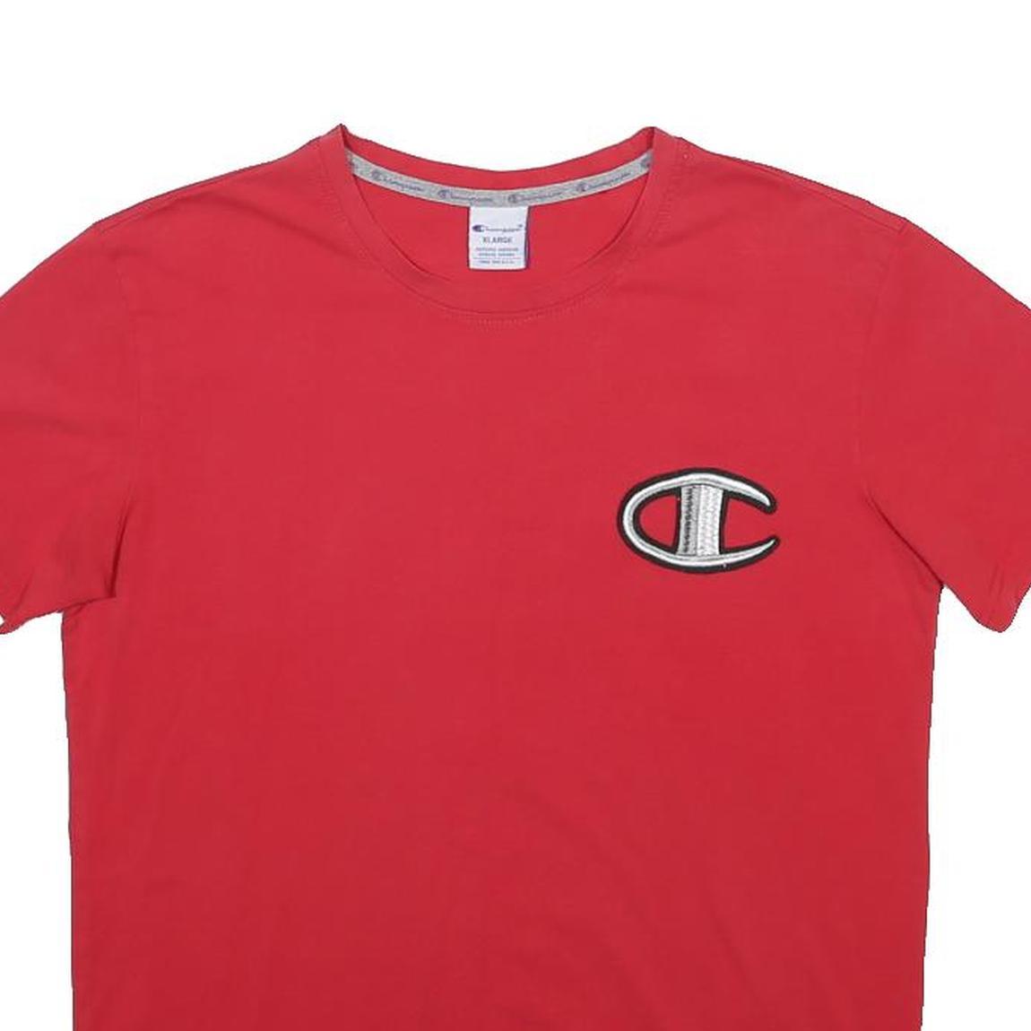 CHAMPION Mens Red Graphic T-Shirt XL Short Sleeve Crew Neck Logo Patch