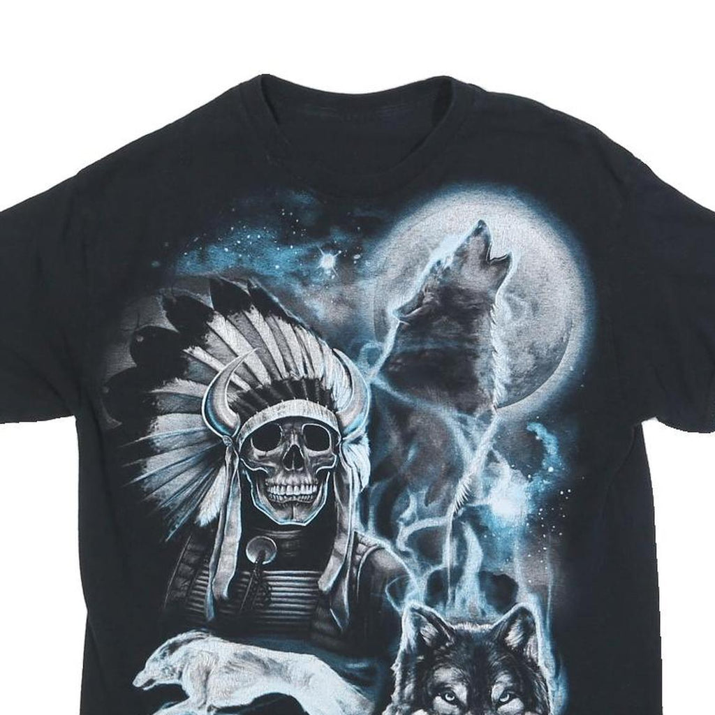 Mens Black Graphic T-Shirt S Short Sleeve Crew Neck Skull Wolf Print