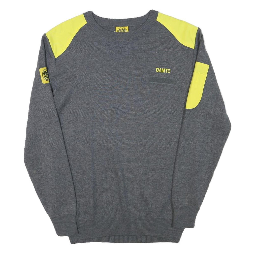 OAMTC Mens Grey & Yellow Plain Jumper Crew Neck Basic Knit M Cotton Blend