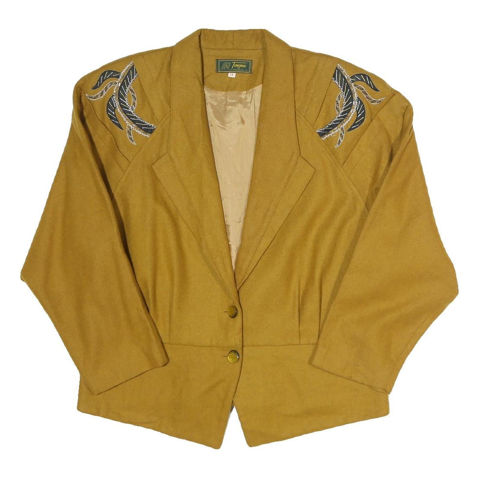 TUNGNAI FASHION Womens Beige Wool Blend Button Jacket L Embroidered Shoulder