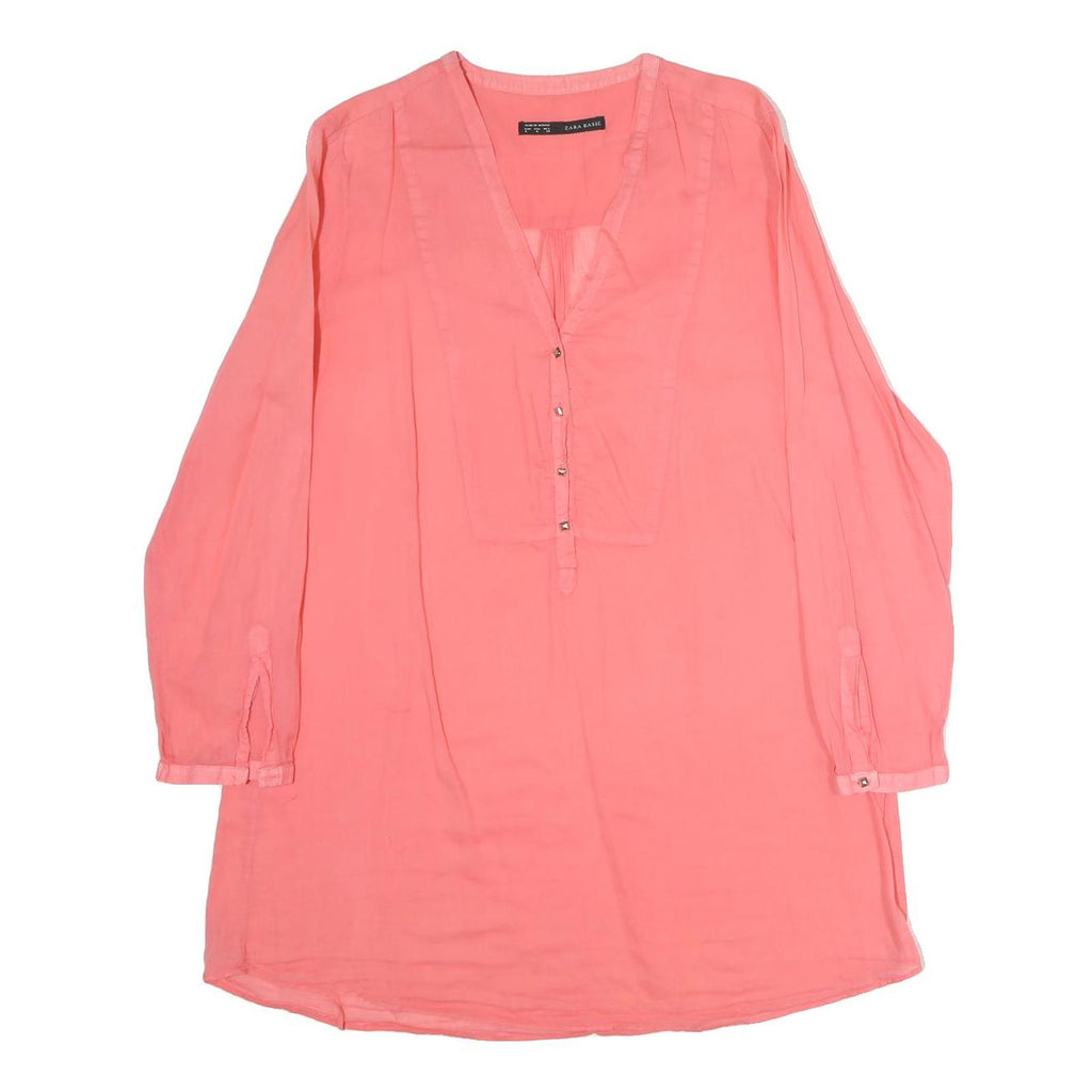 ZARA Womens Coral Pink Basic Long Sleeve V-Neck Plain Top L Lightweight