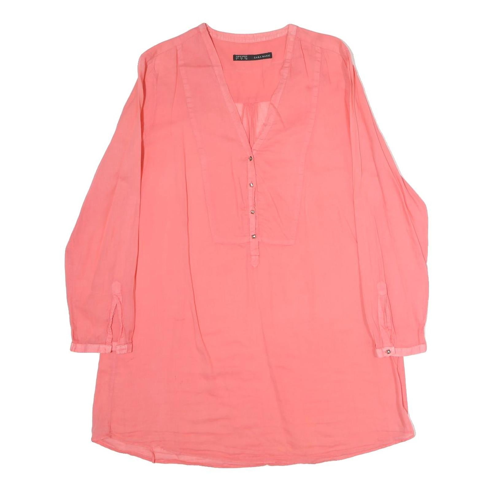 ZARA Womens Coral Pink Basic Long Sleeve V-Neck Plain Top L Lightweight