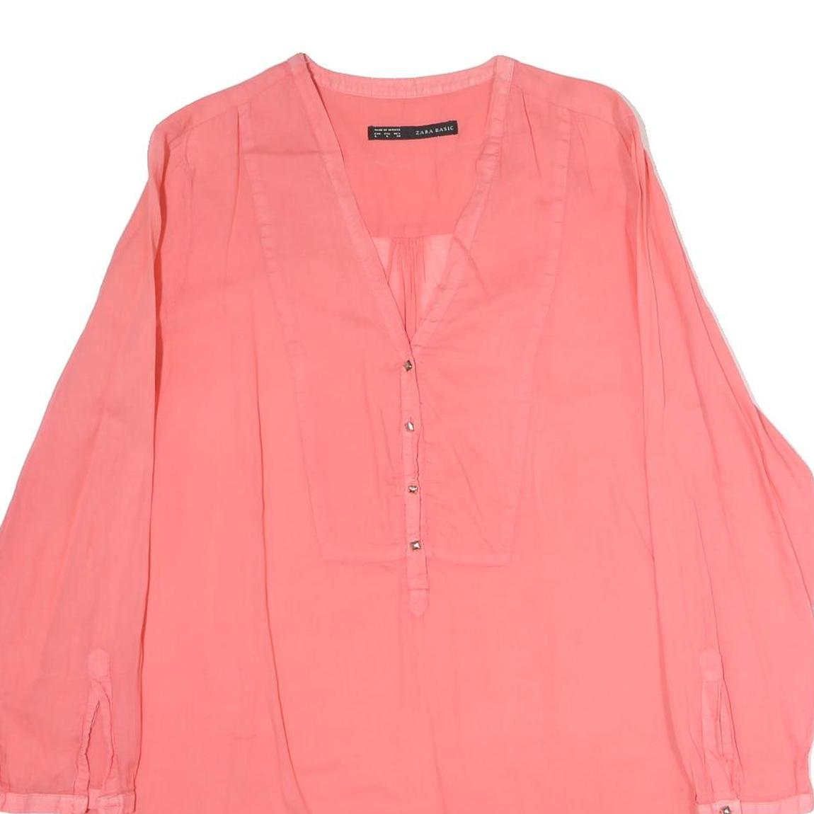 ZARA Womens Coral Pink Basic Long Sleeve V-Neck Plain Top L Lightweight