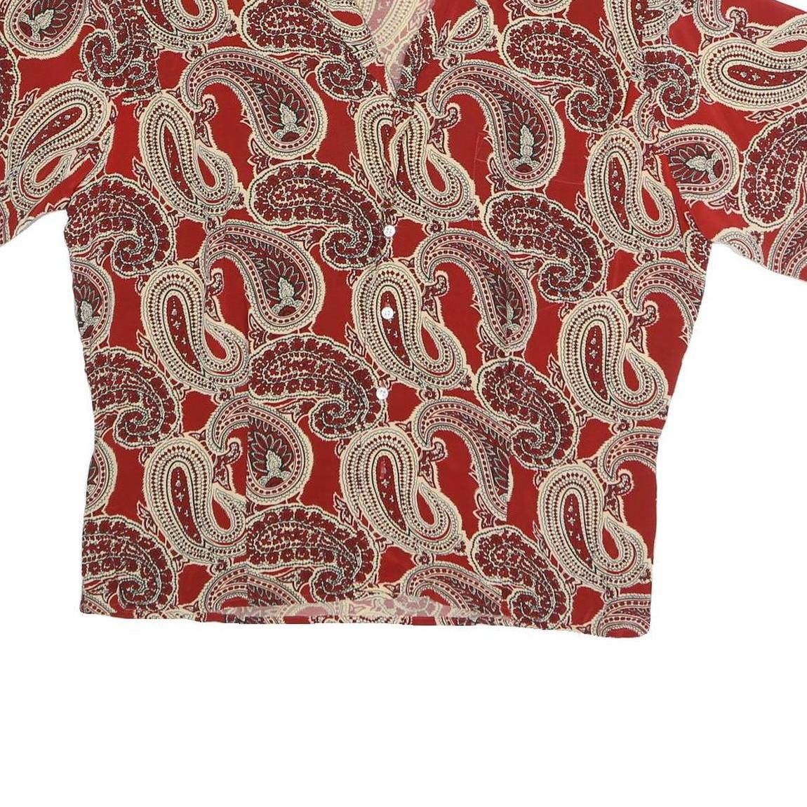 Womens Red Paisley Printed Button Shirt Short Sleeve V-Neck L Polyester Blend