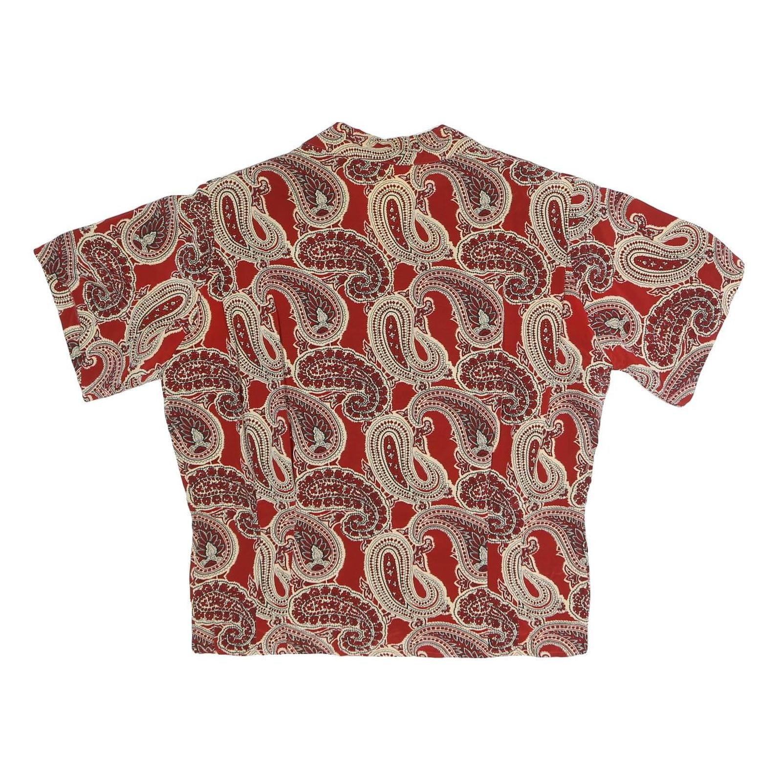 Womens Red Paisley Printed Button Shirt Short Sleeve V-Neck L Polyester Blend