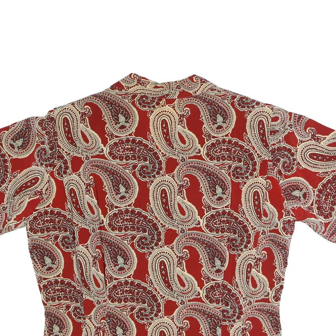 Womens Red Paisley Printed Button Shirt Short Sleeve V-Neck L Polyester Blend