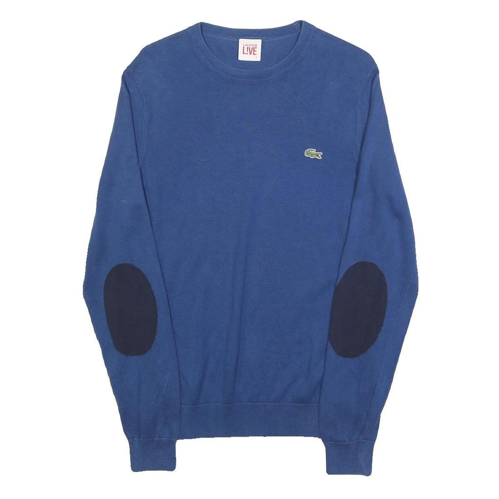 LACOSTE LIVE Mens Blue Plain Cotton Crew Neck Basic Knit S Jumper Elbow Patch