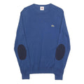 LACOSTE LIVE Mens Blue Plain Cotton Crew Neck Basic Knit S Jumper Elbow Patch