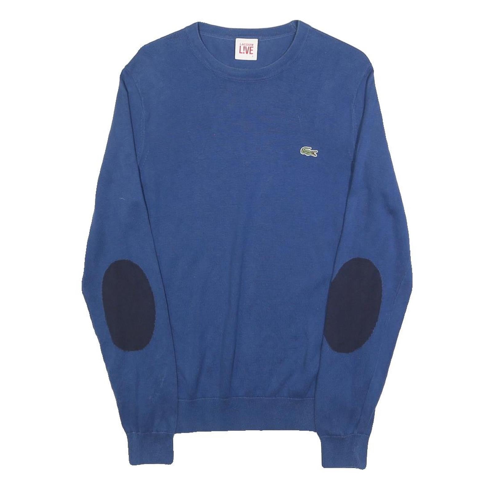 LACOSTE LIVE Mens Blue Plain Cotton Crew Neck Basic Knit S Jumper Elbow Patch