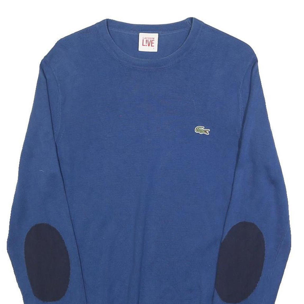 LACOSTE LIVE Mens Blue Plain Cotton Crew Neck Basic Knit S Jumper Elbow Patch