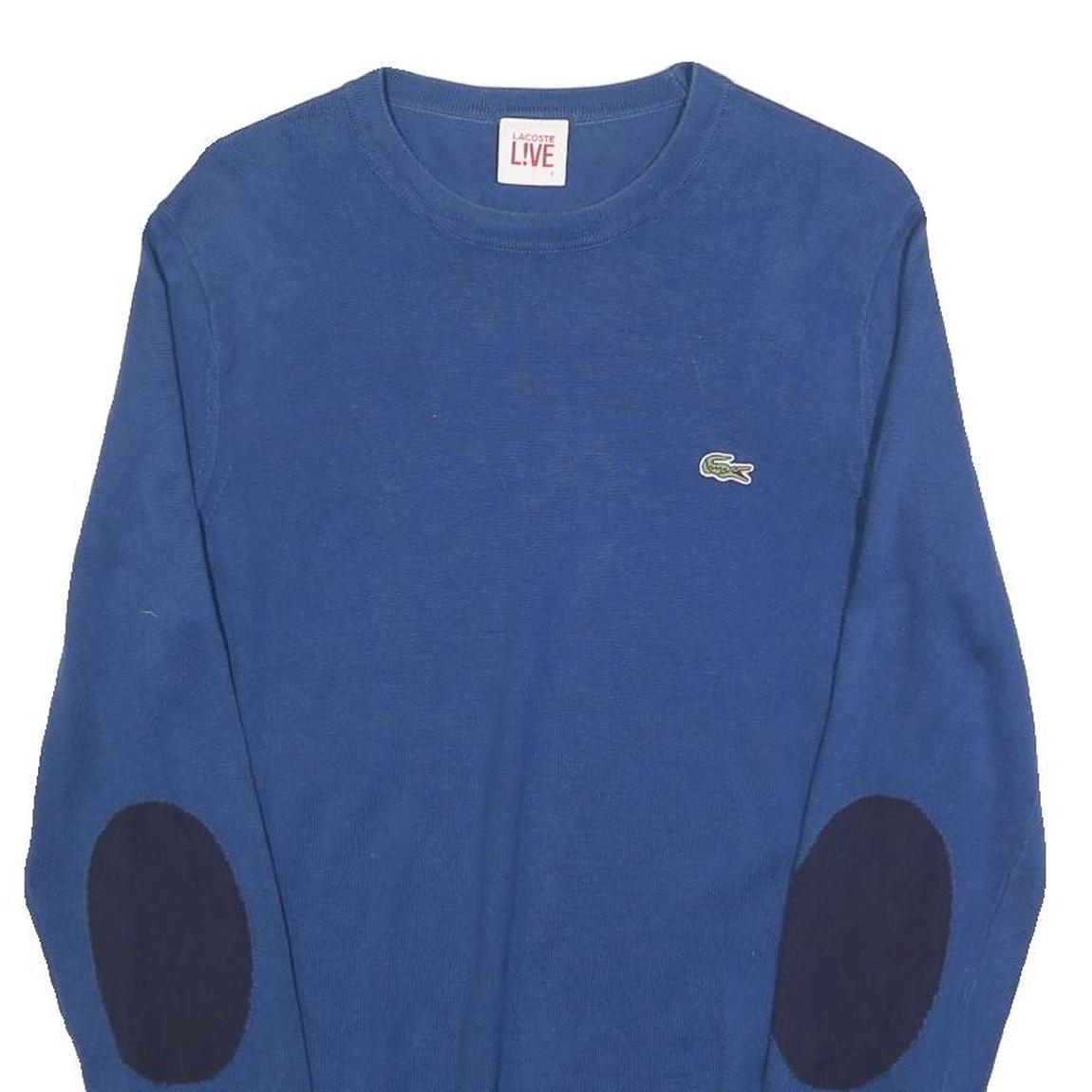 LACOSTE LIVE Mens Blue Plain Cotton Crew Neck Basic Knit S Jumper Elbow Patch