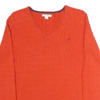 NAUTICA Womens Orange Patterned V-Neck Jumper Cotton Knit M Casual Stylish