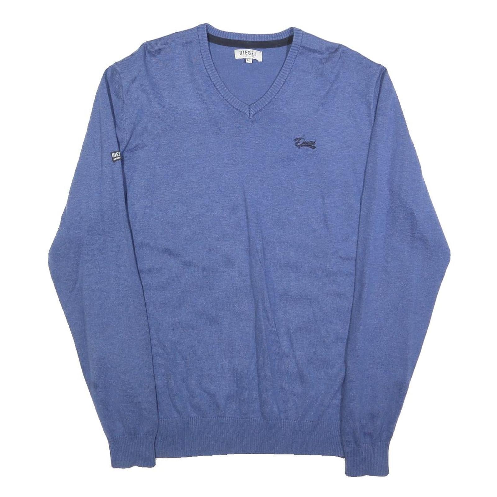 DIESEL Mens Blue Plain V-Neck Basic Knit Pullover Jumper 2XL Cotton Blend