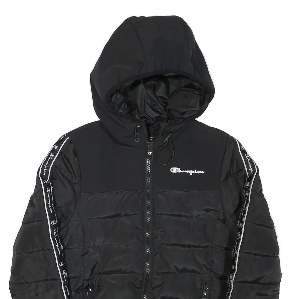 CHAMPION Mens Black Zip Jacket XS Polyester Blend Puffer Logo Tape Hooded